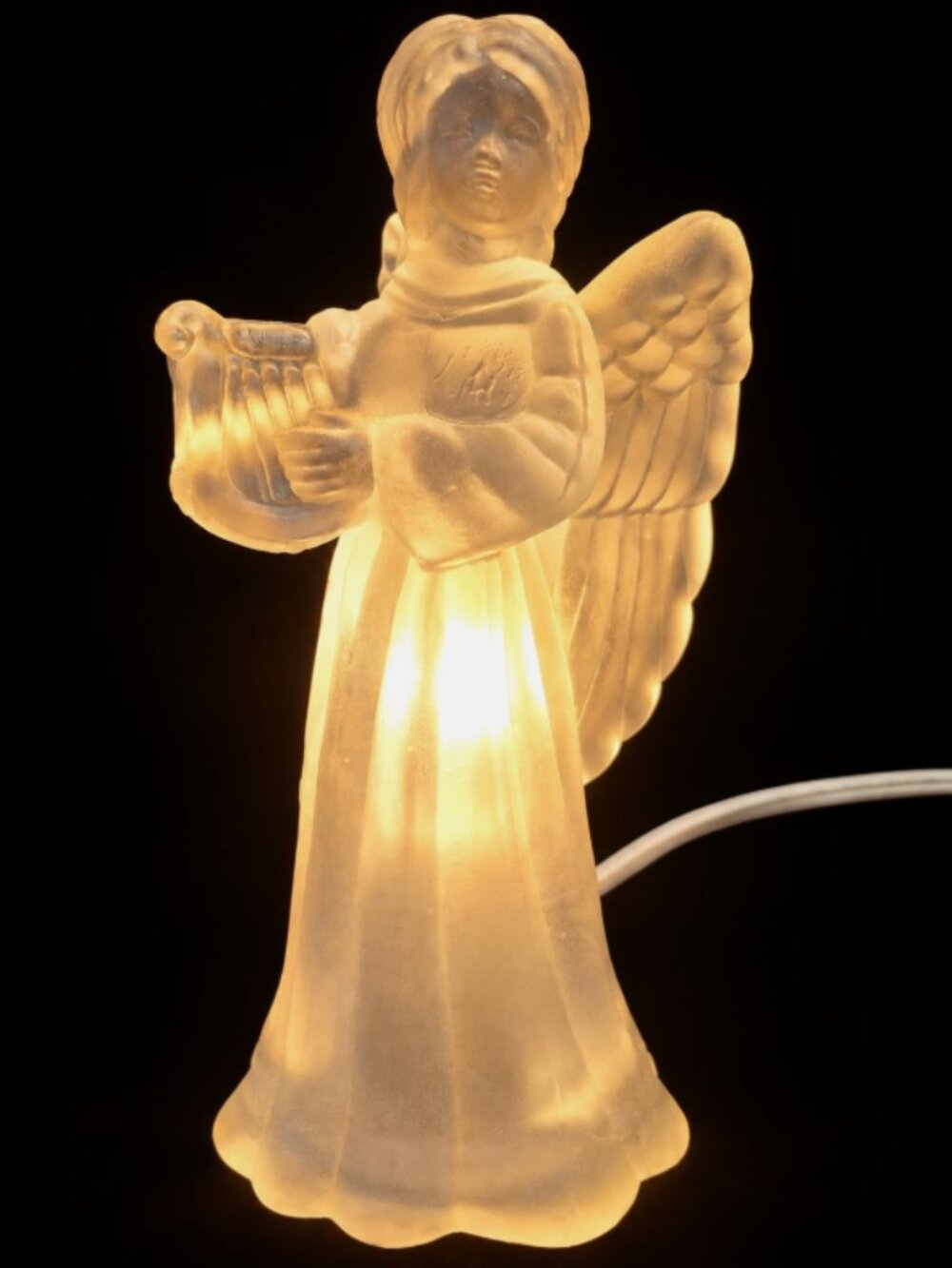 Vintage Holiday Light-Up Frosted Angel Figurine w/ Harp (6.5”), Cord + Bulb